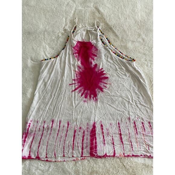 Entro Gauzy White Pink Tie Dye Colorful PomPom Spaghetti Strap Tank Sz L - Picture 3 of 12